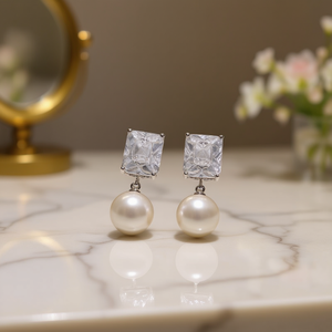 Eleganti orecchini di perle in oro bianco con borchie di cristallo quadrati per le donne, stile classico da matrimonio, gioielli con perle finte in argento 925 - Product Image 2