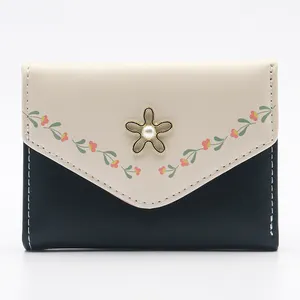 Portefeuille pour filles version coréenne personnalisée avec fleurs en Pu pour dame porte-monnaie petit cuir mignon et frais à trois volets