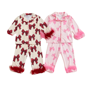 Turn-Down Collar manga pantalones largos conjunto de plumas cómodo transpirable Bowknot estampado otoño pijamas para niñas - Product Image 1