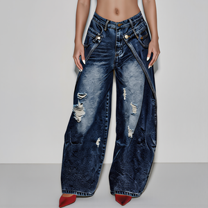 Nuovi <span class=keywords><strong>Jeans</strong></span> da Donna Vintage a Vita Alta con Doppio Bottone e Strappi, Gamba Larga, Stile Street, Ultra Comodi e Morbidi - Product Image 3