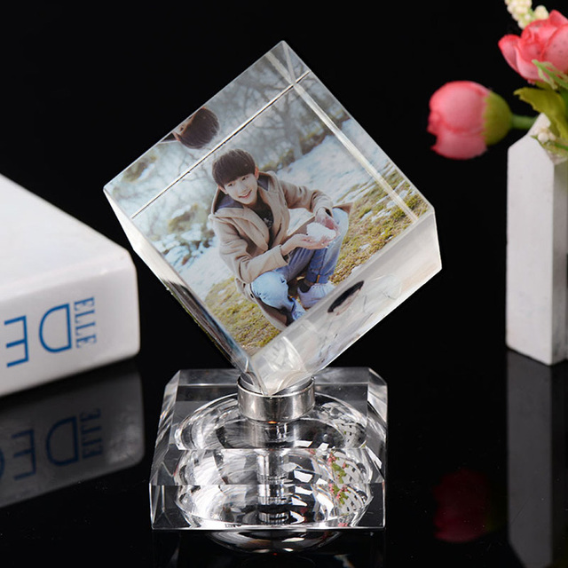 Light up Personalized Custom Crystal Glass Photo Frame Rotating Cube MH-F0576