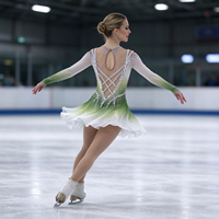 Robe de patinage artistique pour enfants et adultes, dégradé vert et blanc, maille à manches longues, dos en strass en forme de larme, pour compétition et spectacle