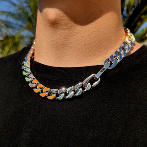 Miami Hip Hop Jewelry 12mm <span class=keywords><strong>Cadena</strong></span> cubana de acero inoxidable Collar de lujo para hombres con circón colorido Accesorios de calle urbana - Product Image 1