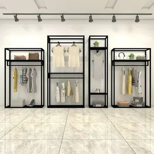 Retail Clothes Shops Mounted Garment Stand With Wood Shelf Garment Display Rack Clothing Garment Rack
