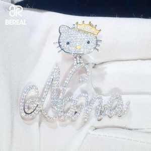 Custom 2 Inches Vvs Moissanite Hello Kitty Name Pendant <b>Charm</b> Iced Out Round Brilliant Cut Gold Plated 925 <b>Silver</b> Letter Pendant - Product Image 3