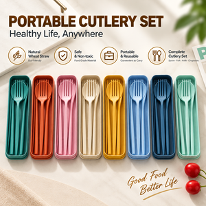 Juego de cubiertos portátil de paja de trigo con estuche, cuchara, tenedor, cuchillo y palillos reutilizables, juego de utensilios de viaje - Product Image 4