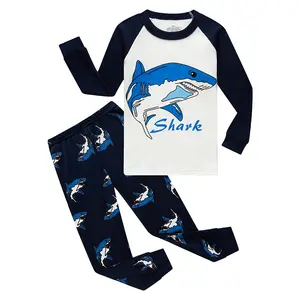 Children's home wear boys pajamas shark printing ribbed cotton pajamas for boys manufacturers