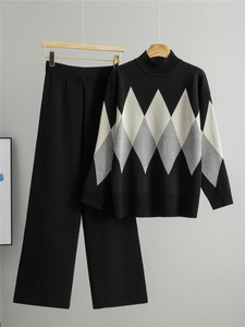 跨境秋冬女装时尚撞色菱形图案拼布宽松休闲防皱毛衣套装 - Product Image 3