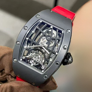 Reloj Mecánico de Lujo Tonneau Tourbillon con Esfera de Diseño Hueco, Caja Gris y Correa de Goma Roja - Product Image 3