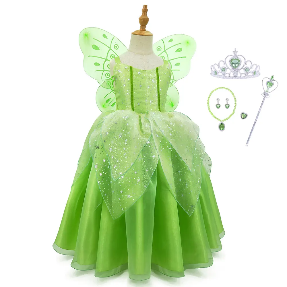 गर्म बिक्री बच्चों टिकरबेल वेशभूषा परी हरी पोशाक टिकरबेल राजकुमारी ग्रीन पोशाक टिकरबेल राजकुमारी हरी पोशाक