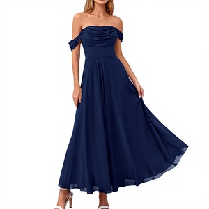 Vestido de Fiesta Largo con Hombros Descubiertos, Corte en A, Azul Marino, Satinado, Fruncido, Cintura Natural, Transpirable, Elegante y Formal para Mujer - Product Image 4