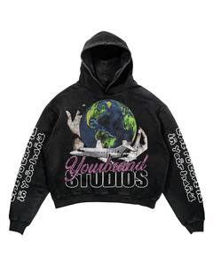 Sweat à capuche court noir surdimensionné pour homme Yourbrand, style streetwear, en coton French Terry, avec motif globe et avion imprimé, logo frontal - Product Image 2