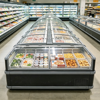 Congélateur commercial OEM à îlot central avec fenêtre vitrée, paniers en fil métallique et éclairage LED pour la présentation de fruits de mer surgelés en supermarché