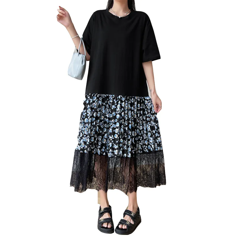 한국 여자의 여름 원피스 긴 티셔츠 소녀 캐주얼 플러스 사이즈 라운지웨어 패치 워크 레이스 맥시 티셔츠 드레스
