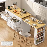 Îlot de cuisine mobile extensible avec table à manger et prise électrique, doté de 2 tiroirs de rangement et de 3 rangées d'étagères ouvertes