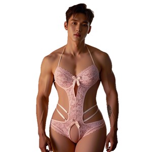 Body sexy de encaje rosa para hombre, talla grande, con aberturas y entrepierna transparente, sin necesidad de quitarlo, para travestis, estilo sirviente masculino. - Product Image 5