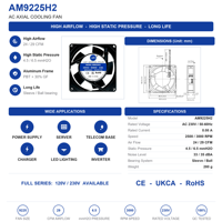 Ventilateur axial AC AM9225H2 92mm 9225 110V 220V, faible bruit, haut débit d'air (CFM), pour incubateur d'œufs, réfrigérateur, refroidissement, OEM ODM