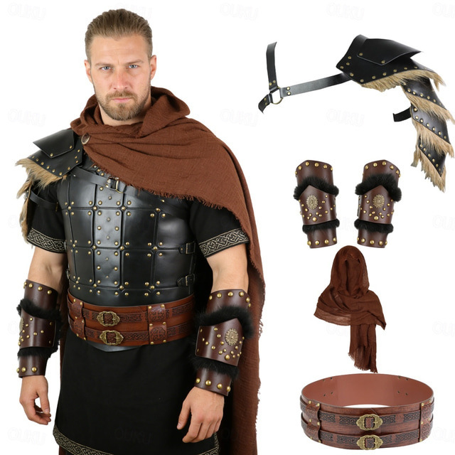 Medieval Viking PU Leather Armor Set Rivet Pauldrons Bracers Belt Cloak Customized Color Unisex Comfortable LARP Cosplay Costume