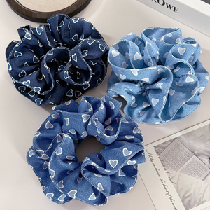 Retro grote haar scrunchies denim blauwe serie liefdeshart haarbandjes dubbele laag paardenstaart haar touw haaraccessoires voor vrouwen - Product Image 1
