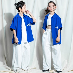 Filles Garçons Adolescent Kpop Tenues Hip Hop Vêtements Bleu Chemise Tops Baggy Pantalon Pour Enfants Jazz Danse <span class=keywords><strong>Costume</strong></span> Scène Street Wear Vêtements - Product Image 1