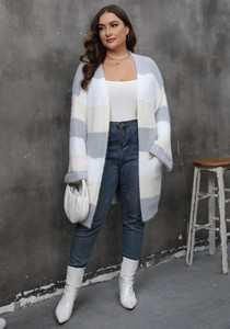 Oversized Stripe Color Matching Large <strong>Long</strong> Kimono <strong>Cardigan</strong> Knitted Sweater Factory Custom Wholesale <strong>Plus</strong> <strong>Size</strong> Women Sweater - Product Image 3