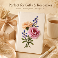 Carnet personnalisé brodé en cuir PU, couverture rigide, crème, broderie florale 3D pivoine lavande, papier premium, OEM ODM en gros