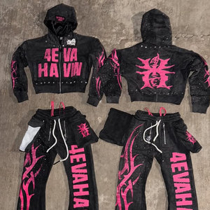 Cổ Điển Heavyweight loe Quá Khổ Màu Đen Axit Rửa Cắt Rhinestone Stud 3D Thêu Đính Quần Bó Sát Và Áo Bộ - Product Image 1