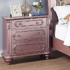 Ensemble de chambre à coucher rose métallisé style glamour - 5 pièces avec lit traîneau capitonné avec rangement, commode, miroir, armoire et table de chevet - Product Image 2