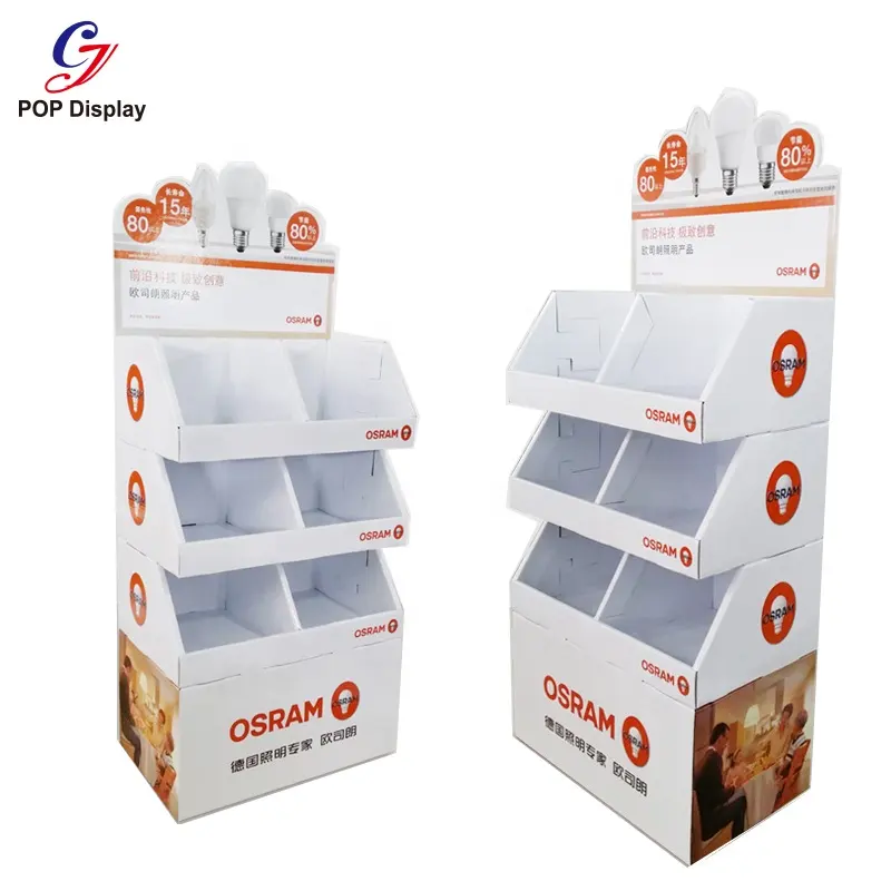 CMYK Offset Logo Printing Free Standing Papelão Display Rack Papel POS Retail Floor Stand Para LED Lâmpada de iluminação Loja