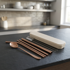 Reusable <b>Metal</b> Drinking <b>Straws</b> Set 4 Pack Rose Gold Minimalist Cocktail Bar Accessories with Cleaning Brush and Carry Case - Product Image 6