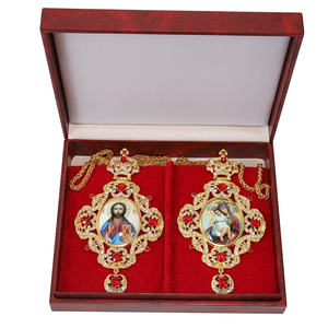 东正教主教胸前十字架2件套十字架和帕纳尼亚，配有定制的图标和彩色石头 - Product Image 3