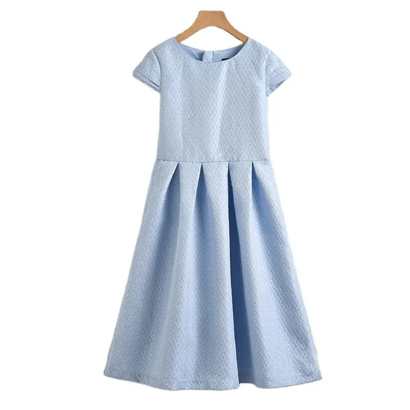 Blue Textured Girls Fitted Flared Fashion Dress Zipper Closure Sleeves Textured Knit Dress Pleat Waist