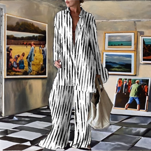 Conjunto de 2 piezas a rayas para mujer, camisa de manga larga y pantalones anchos, conjunto informal holgado de algodón estampado para primavera y verano - Product Image 2