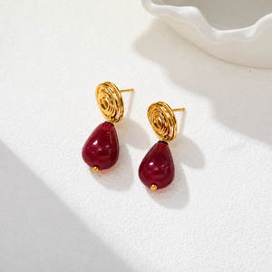 Orecchini Pendenti Bohemien Vintage Medievali con Pietra Naturale Rossa, Placcati Oro 18k, a Fiore, in Acciaio Inossidabile, Stile <span class=keywords><strong>Palazzo</strong></span> - Product Image 3
