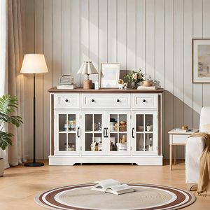 Buffet de style farmhouse SENYU 53,5 pouces avec portes en verre, 3 tiroirs et étagères réglables, blanc - Product Image 1