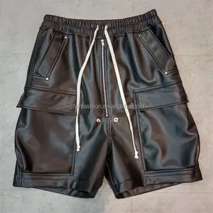 Custom Wide Leg Loose Oversized Cargo Genuine PU Leather Shorts For Men