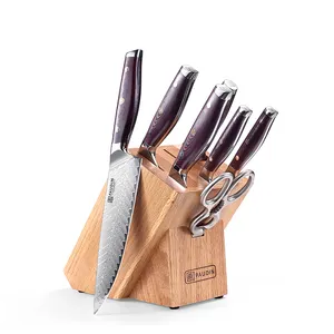 PT1 yüksek kaliteli şefler bıçak 67-layers şam çelik G10 kolu ile şef bıçağı OEM 8 adet ahşap blok mutfak bıçakları seti