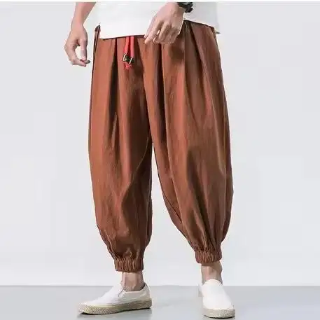 Pantalones sueltos de seda de hielo de estilo chino para hombre, pantalones de linterna con cordones de talla grande, pantalones informales de calle para hombre, 2017