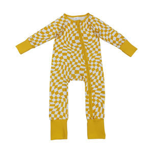 RTS, venta al por mayor, mameluco amarillo de manga larga con cremallera a cuadros para niñas, ropa de diseño de primavera y otoño - Product Image 1