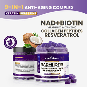 ויטמינים גומי של Vennature עם NAD+, רסברטרול, ברברין, ביוטין, קולגן, קרטין, אבץ, ויטמין K2 ו-D3, תוספי תזונה לשיער, עור וציפורניים. - Product Image 2