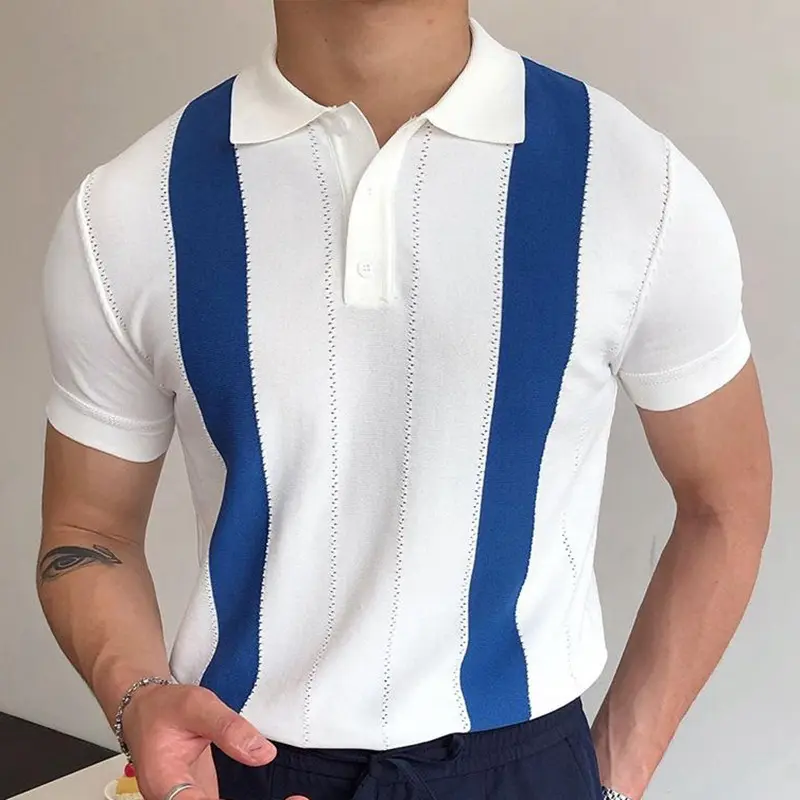 M-3XL - Suéter de malha de manga curta para homens, blusa slim fit listrada de negócios, top vintage europeu e americano, novidade de verão