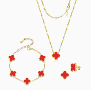 <span class=keywords><strong>Ensemble</strong></span> de bijoux en acier inoxydable : Bracelet trèfle à 5 feuilles, collier pendentif fleur à quatre feuilles de 13 mm et boucles d'oreilles - Product Image 4
