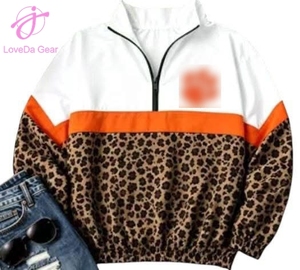 Jaket Windbreaker Loveda Vintage Team Logo 1/4 Zip Bermotif Kotak-kotak Leopard Lengan Panjang dengan Bordir - Product Image 2