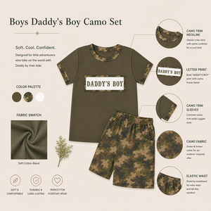 Ensembles de vêtements pour garçons personnalisés Puresun, Fête des Pères, 100% coton, camouflage, t-shirt brodé « Daddy's Boy », shorts, 1 à 6 ans, vente en gros - Product Image 3