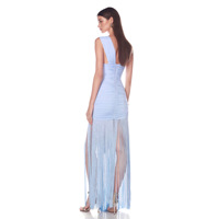 Robe de soirée fluide bleu clair à franges pour femme, robe maxi sexy en maille transparente, élégante, sans manches, longue, à franges, plissée, pour soirée formelle