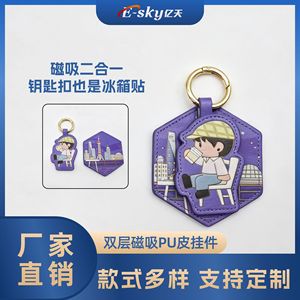 Porte-clés en cuir avec clip magnétique pour chapeau et support à lunettes, design personnalisé, couleur violette avec scène urbaine et personnage de dessin animé - Product Image 5