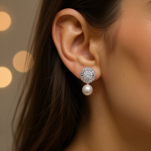 Pendientes de perlas de oro blanco con perla de imitación de diamante de corte brillante redondo para mujer, joyería clásica de moda para boda - Product Image 2