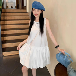 White Sleeveless Ballet Dress O Neck <b>Elastic</b> Waist Tulip <b>Skirt</b> Loose Fit Casual Daily Wear For Women - Product Image 3