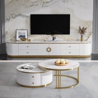 Ensemble table basse ronde et meuble TV en marbre et bois, style moderne et luxueux, avec tiroirs, pour salon ou salle à manger, design de meubles pour la maison