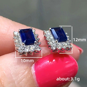 Orecchini rettangolari con zirconi di colore blu zaffiro per donna, gioielli geometrici alla moda - Product Image 3